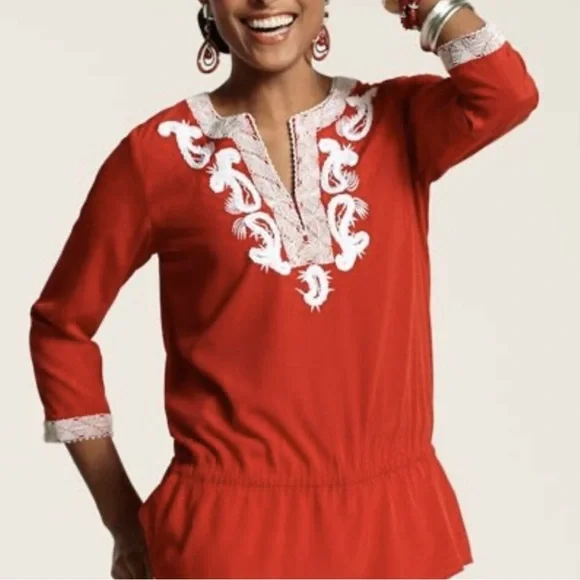 3/$10 Chico's Red Tunic with White Embroidery - Picture 1 of 7